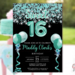 Sweet 16 Aqua Party Invitation Printable Template Black Editable