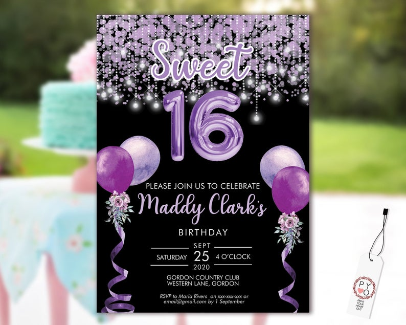 Sweet 16 Party Invitation Printable Template Black Editable Etsy 