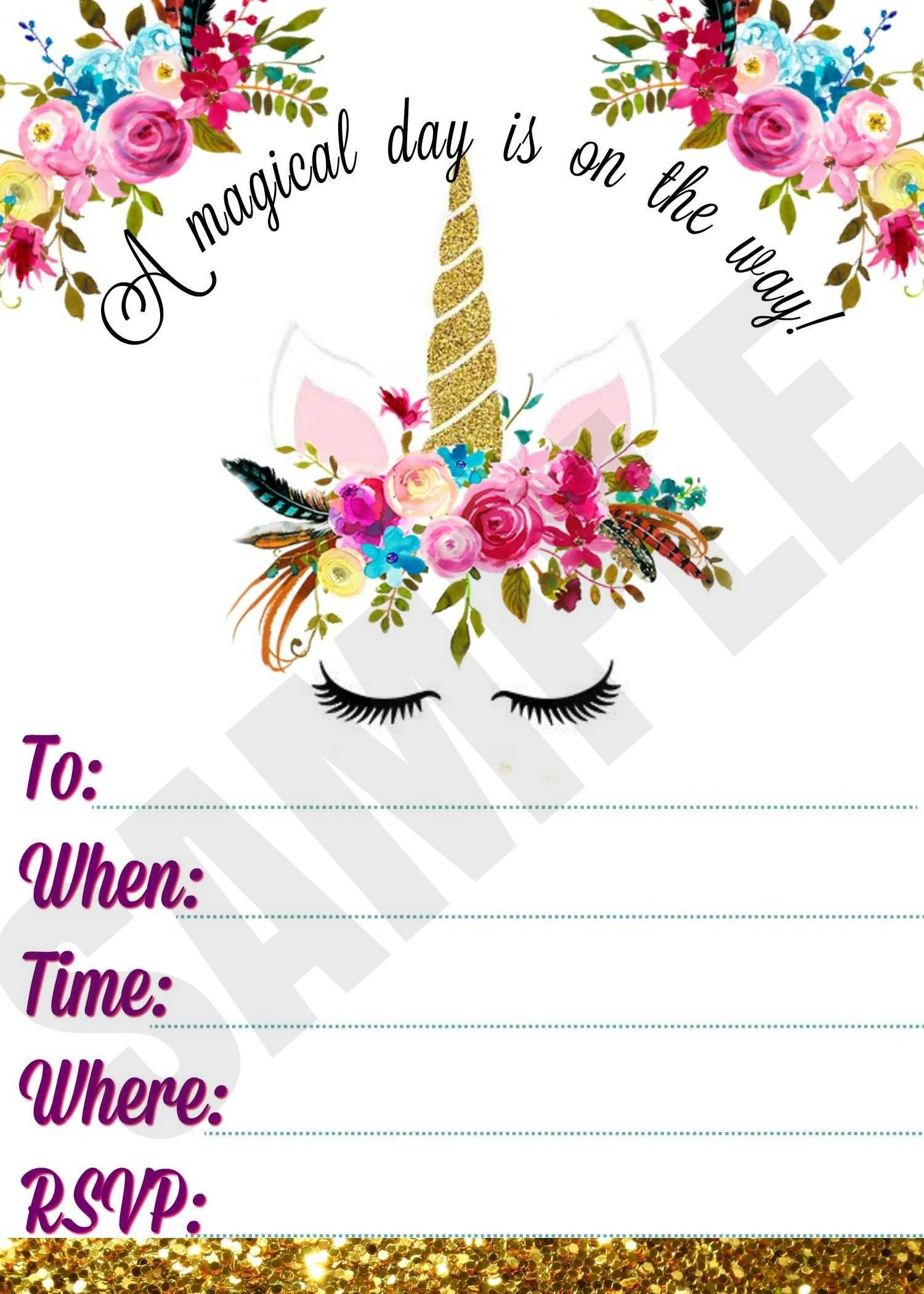 Unicorn Printable Invitation Floral Invite Watercolor Etsy 